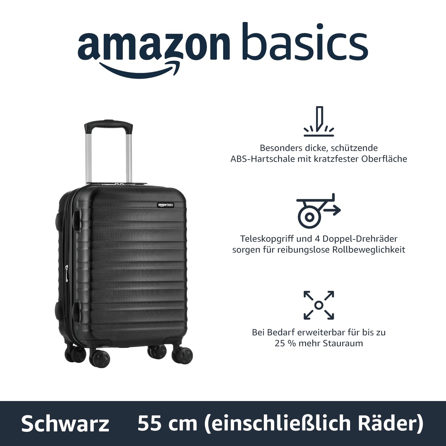 👉 Hartschalen Handgepäckkoffer 55 cm – Leichter Trolley mit 360° Rollen & stabilem Gehäuse, Schwarz
